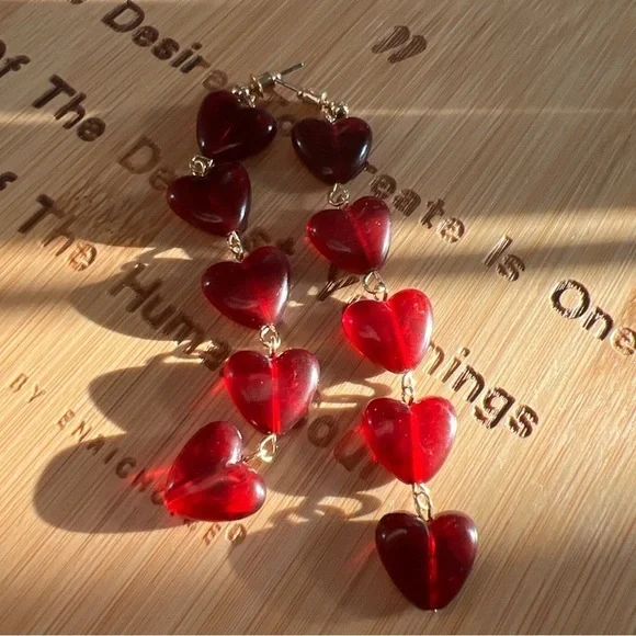 TERRA GEMMS Studio Series Red Heart Chain 14K Gold Plated Drop Earrings - Picture 3 of 4